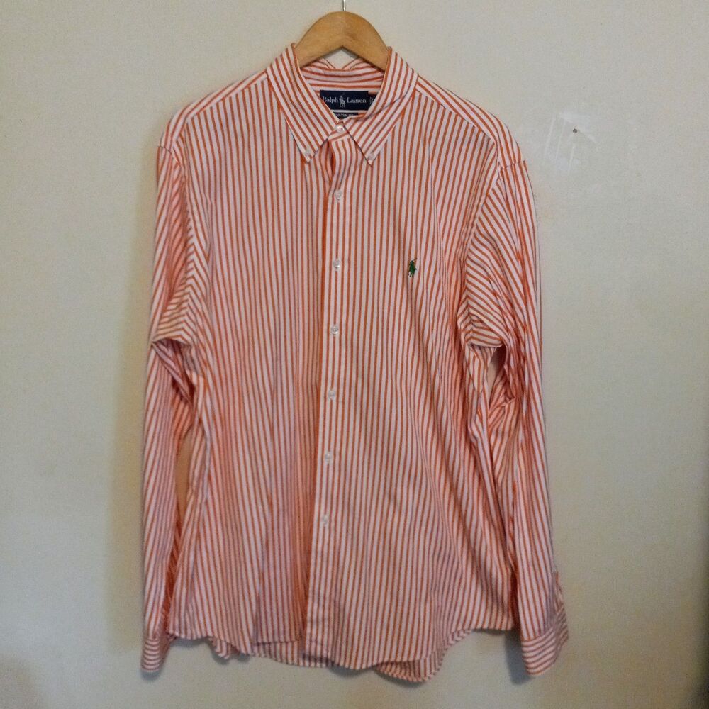 Ralph Lauren Custom Fit Button Down Shirt-Size XL-Oxford-Orange Stripe-Preppy
